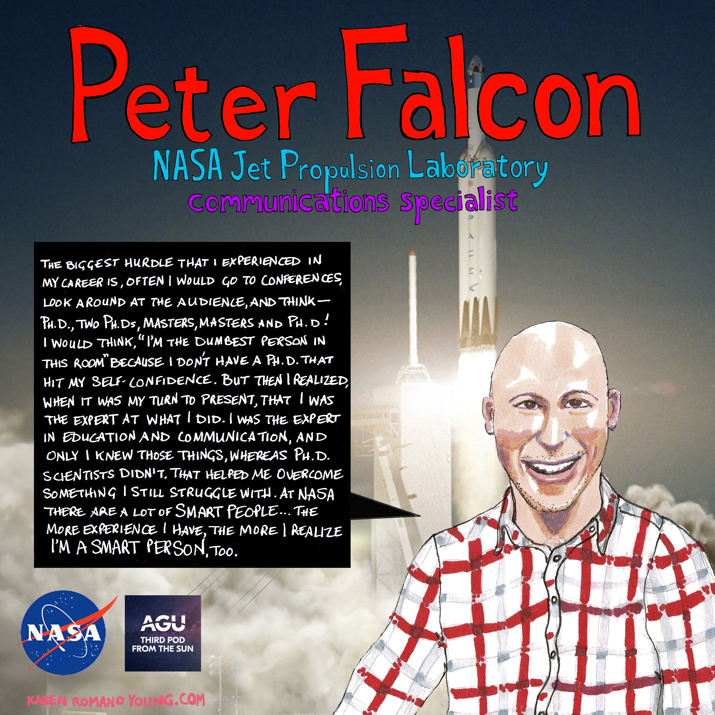 Drawing of Peter Falcon with a rocket launching in the background.