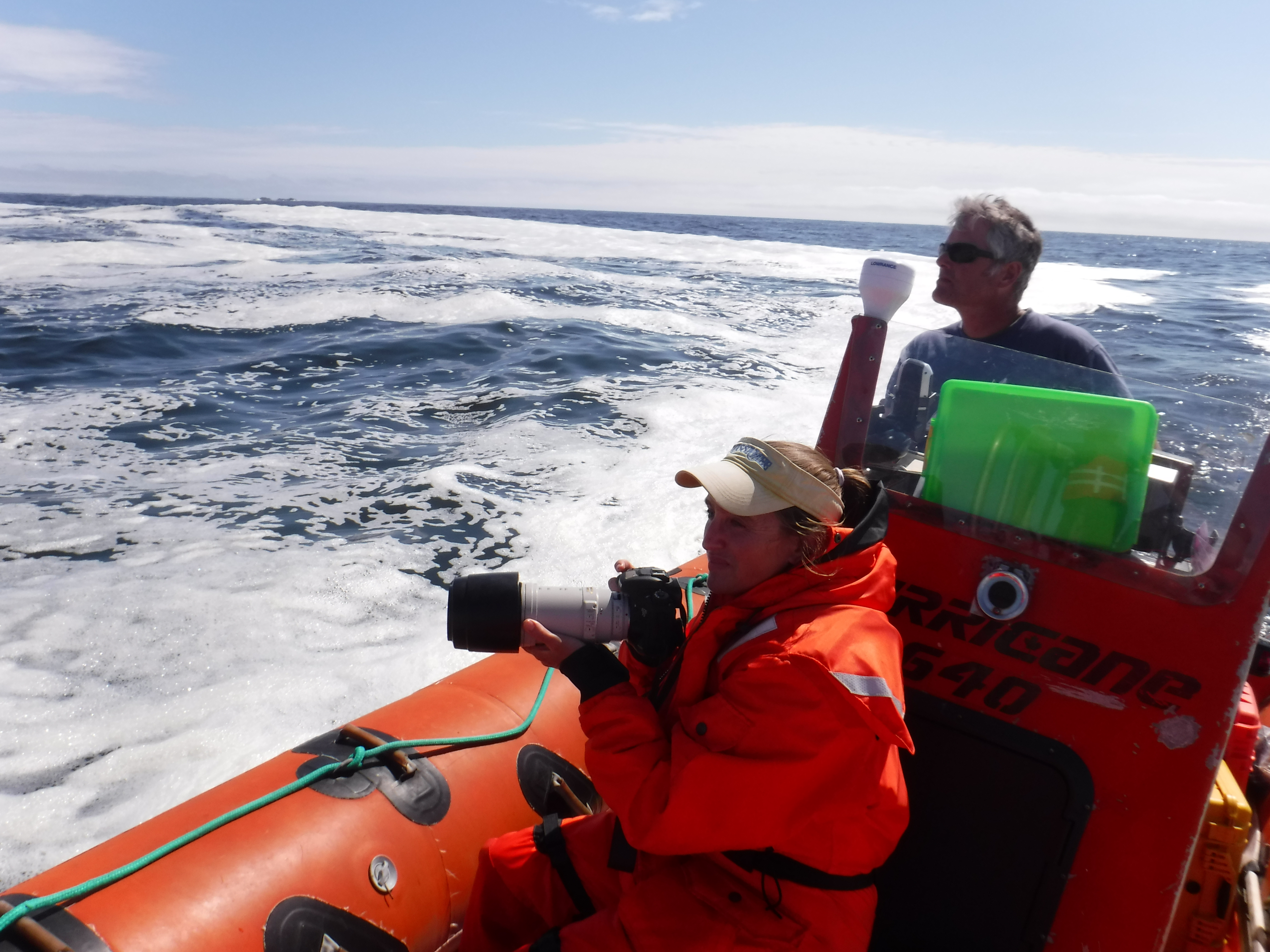Leigh Torres and her research technician, Todd Chandler, observe and photograph gray whales off the Oregon coast. Photo by Florence Sullivan.