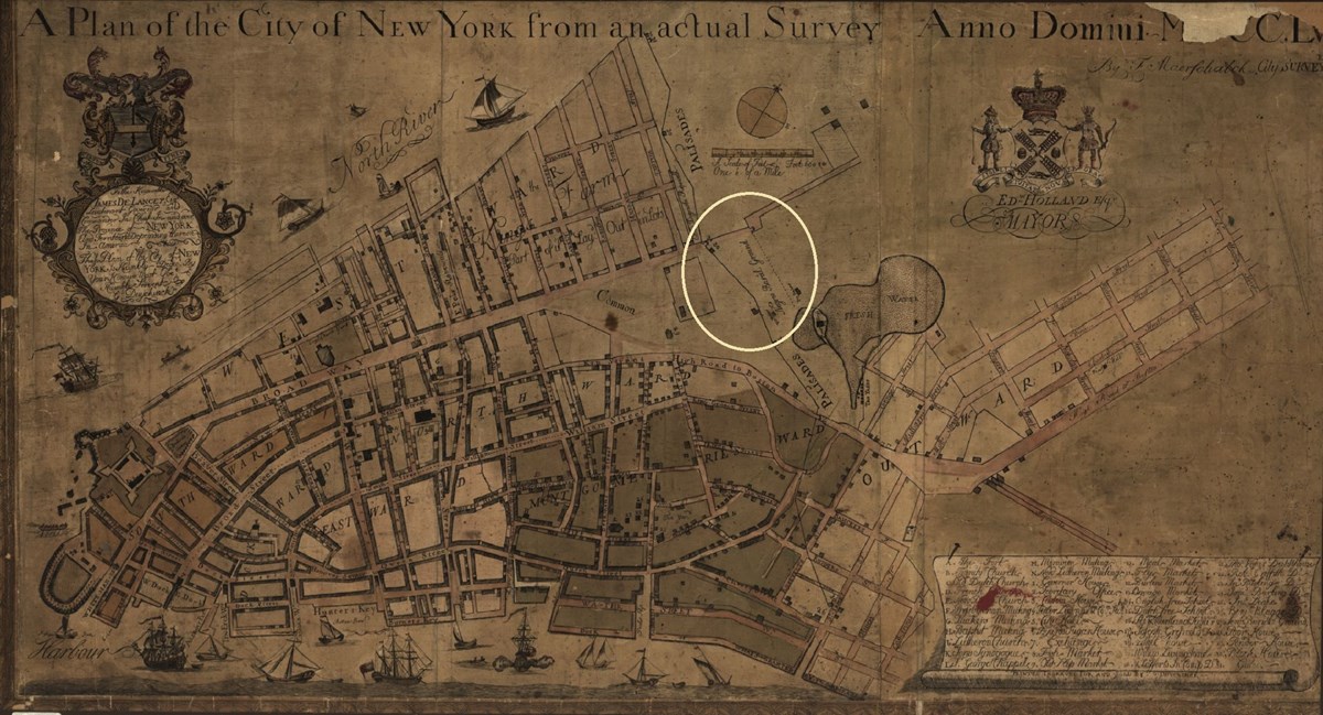 This historic map of the City of New York from 1754 shows the New York African Burial Ground and its surrounding neighborhood. Credit: Library of Congress.