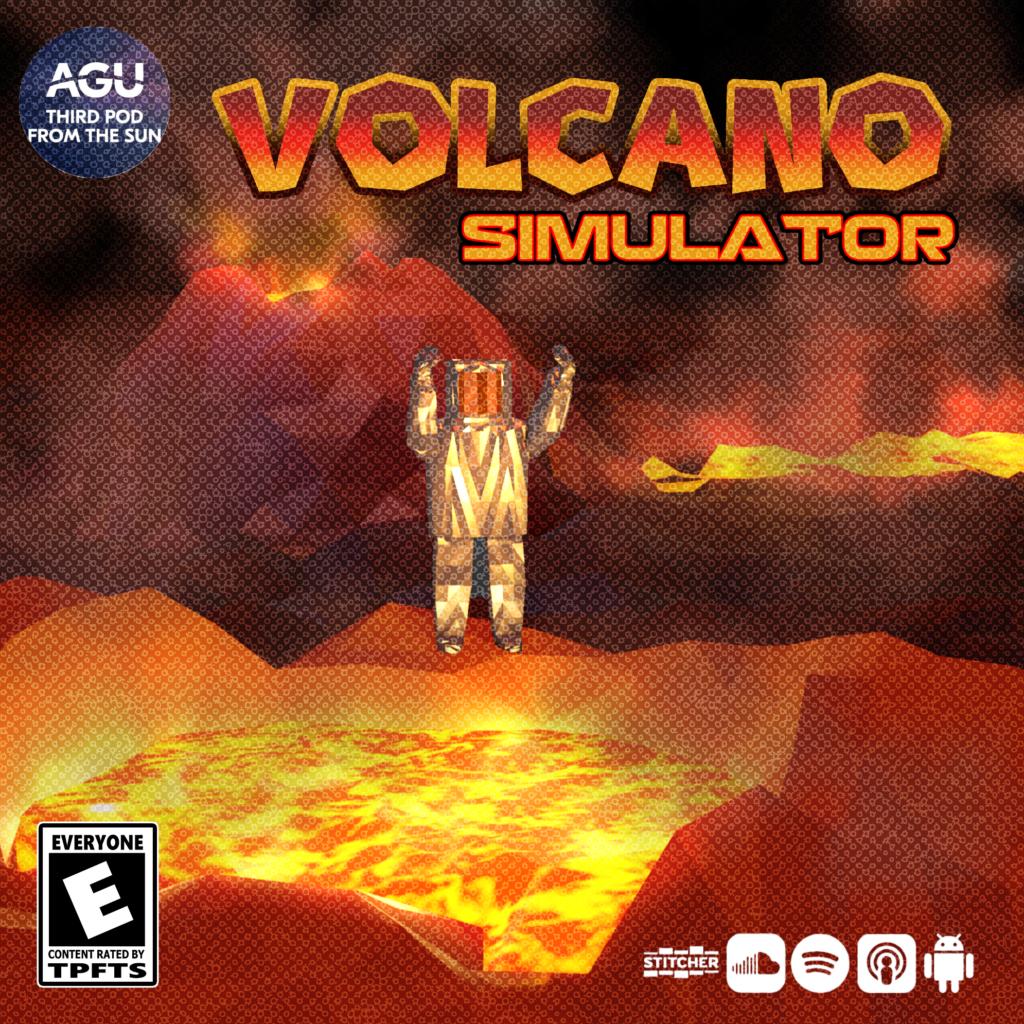 An image that is slightly pixelated like a video game of a person in a protective suit standing at the edge of a lava-filled crater, with the words Volcano Simulator above them.