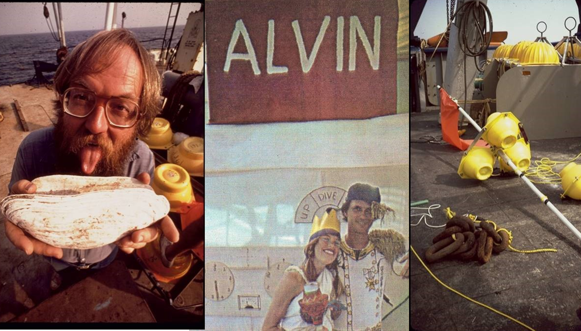 Left: Jack Corliss illustrating the red meat of the Clam insides. Center: Kathy Crane and Robert Ballard acting in the Equator Crossing Ceremony. Right: Transponder flag to be lowered over the rift site. Photos by E. Kristof, National Geographic Society.