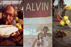 Left: Jack Corliss illustrating the red meat of the Clam insides. Center: Kathy Crane and Robert Ballard acting in the Equator Crossing Ceremony. Right: Transponder flag to be lowered over the rift site. Photos by E. Kristof, National Geographic Society.