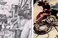 Left: Karen Wishner attaching her Plankton Net to the Scripps Deep-Tow instrument. Right: Kathy Crane working on the thermistor chain to be attached to the Deep-Tow instrument. Photos by Phil Stott, SIO.