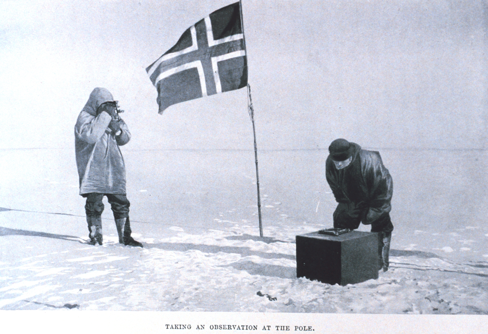 This photo, “Taking an observation at the pole,” shows the Norwegian team taking measurements at the South Pole. It appeared in Roald Amundsen’s book, “The South Pole.”   Credit: Roald Amundsen; public domain.