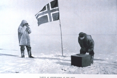 This photo, “Taking an observation at the pole,” shows the Norwegian team taking measurements at the South Pole. It appeared in Roald Amundsen’s book, “The South Pole.”   Credit: Roald Amundsen; public domain.