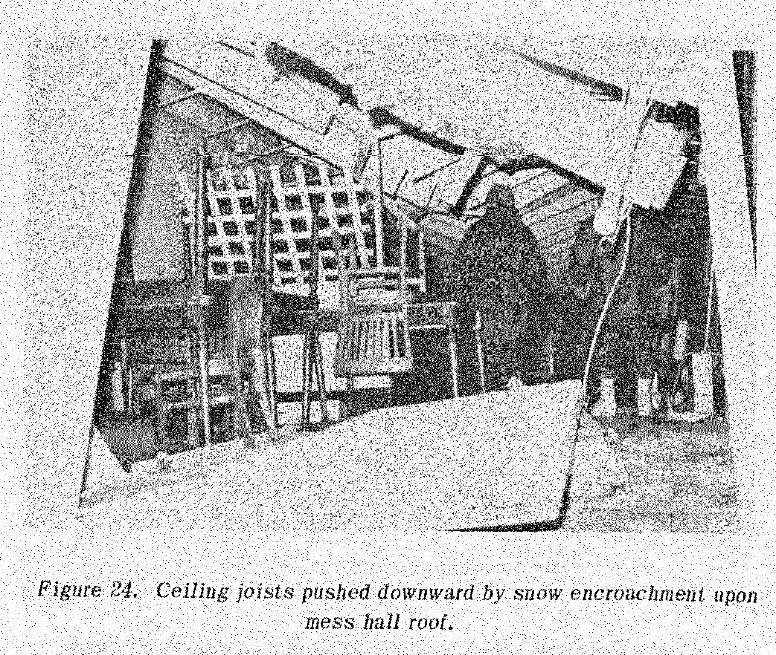 A view of Camp Century’s mess hall in 1969, after the base was abandoned, showing collapse of the ceiling joists from the weight of snow and ice.