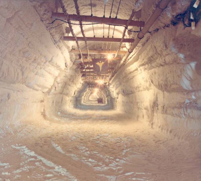A view inside the main 400-meter (1,300-foot) access trench to Camp Century in 1964. More than 12 150-meter (500-foot) long side trenches radiated out from the main trench.