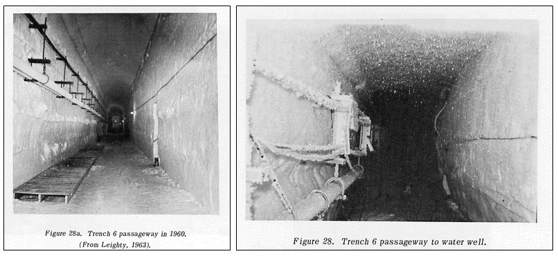 A view of Camp Century’s trench 6 passageway in 1960 (left), while the base was operational, and in 1969 (right), after the base was abandoned, showing partial collapse of the tunnel.