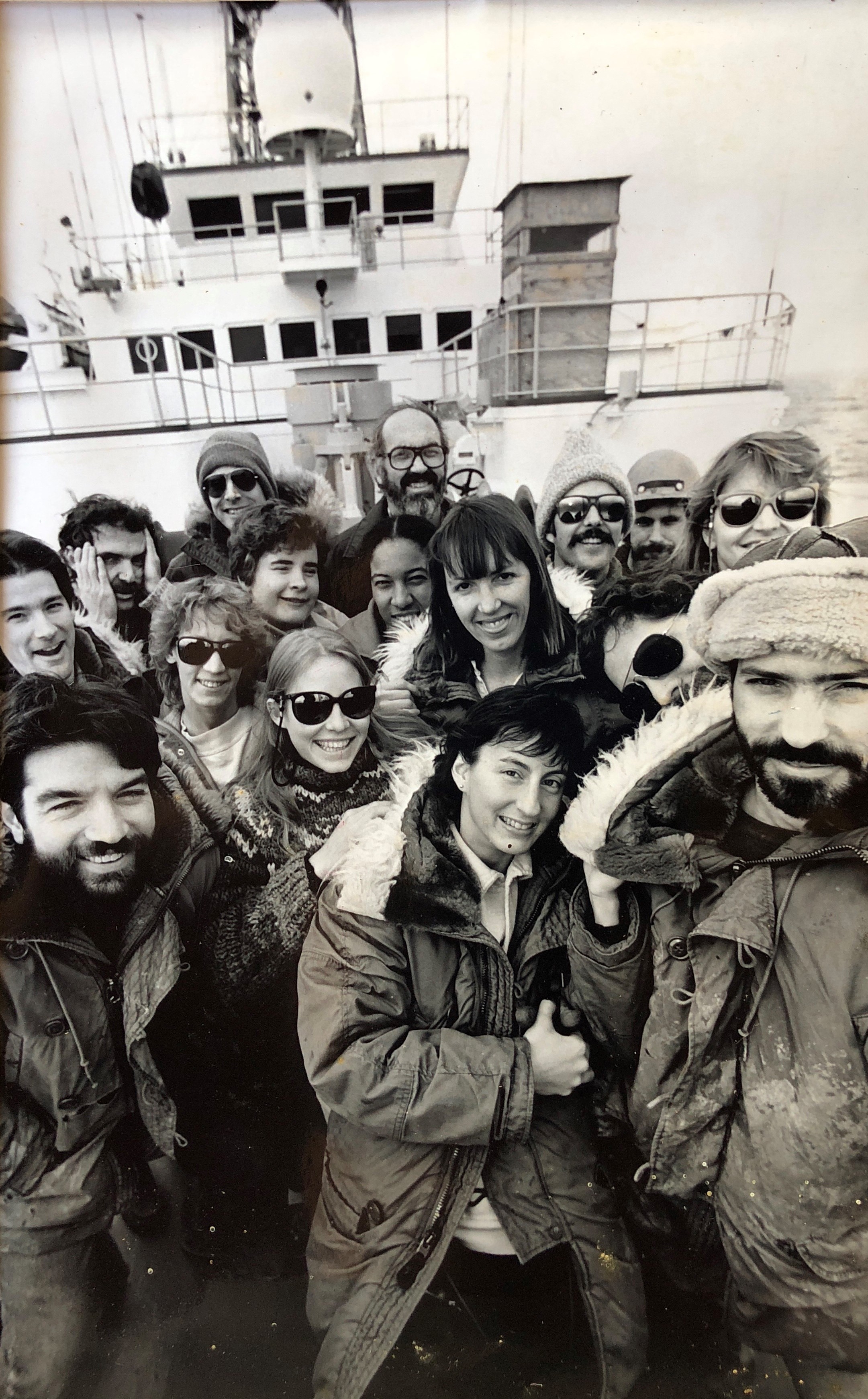 Crew of Ocean Drilling Program marine technicians who sailed on Leg 113 to the Weddell Sea, Antarctica, December 25, 1986 to March 11, 1987. Port calls were Punta Arenas, Chile to Stanley, Falkland Islands. Dawn is in middle rear of group.