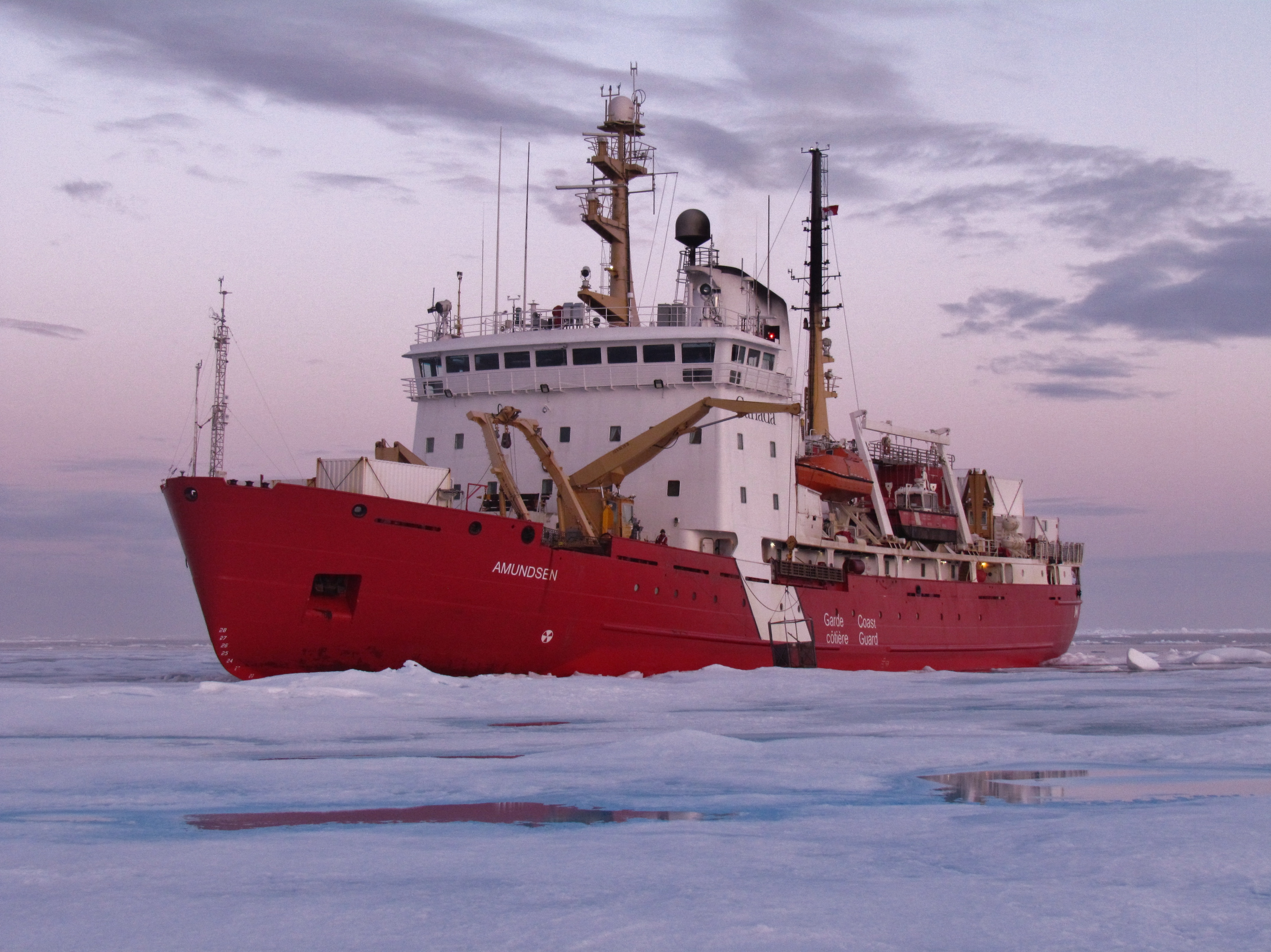 The Canadian icebreaker Amundsen that was called off its scientific duty in 2017 to assist with search and rescue for ships stranded in sea ice.  Credit: David Babb.