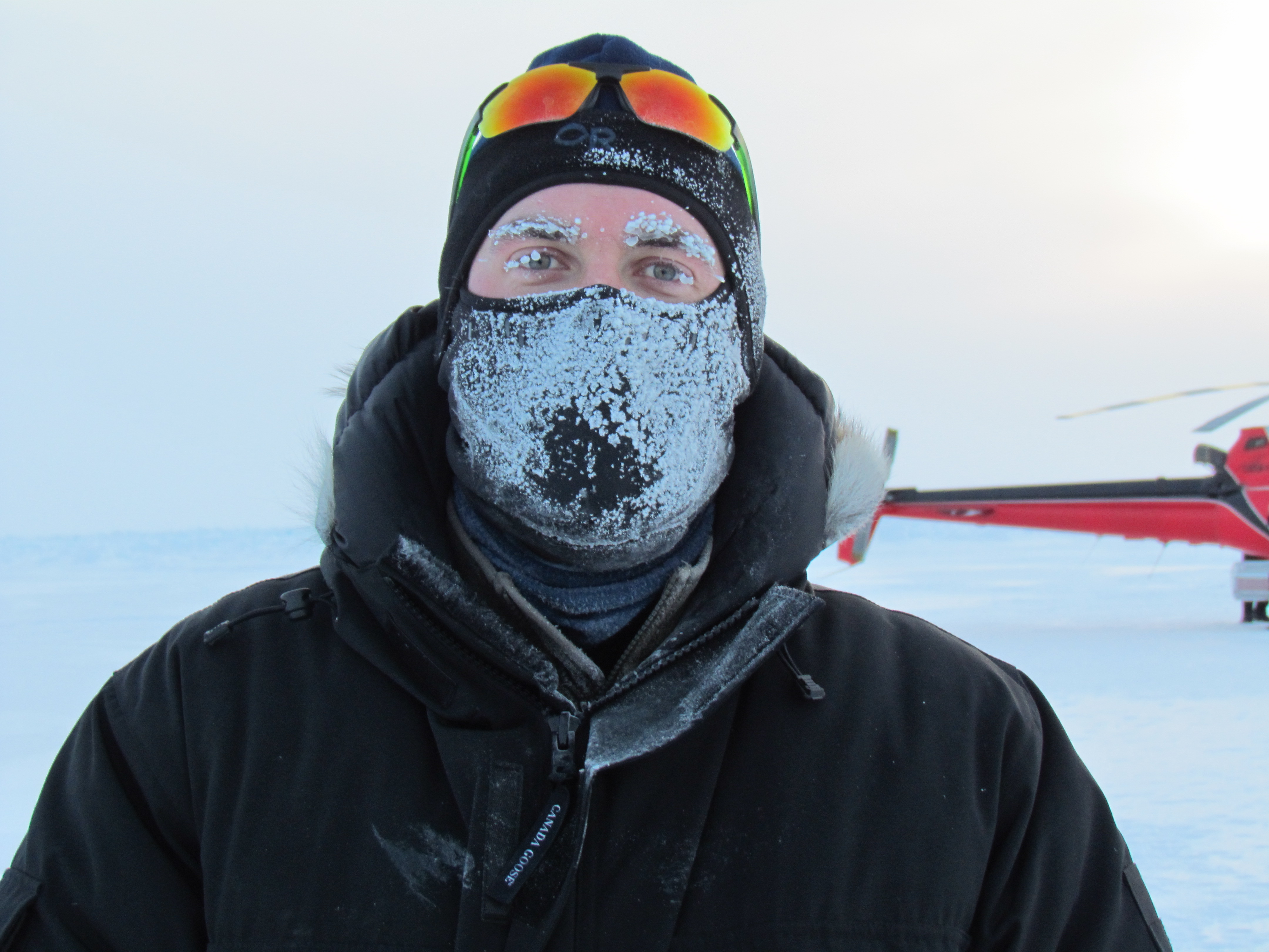 Sea ice researcher David Babb, with beard and eyebrows frozen by the cold Arctic air.  Credit: David Babb.