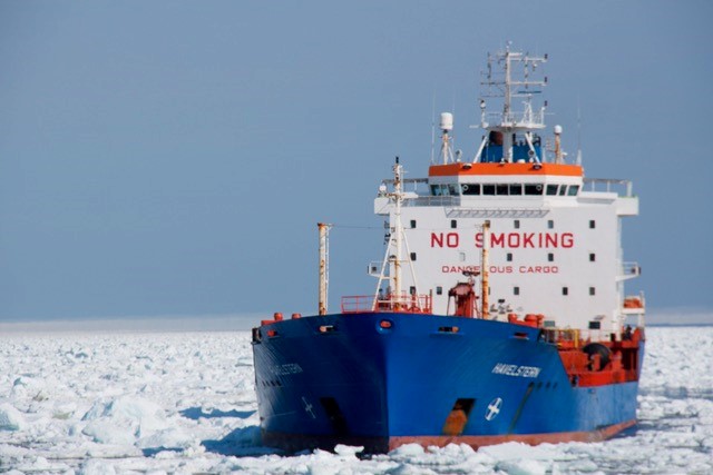An oil tanker that required escort to resupply small communities north along the Labrador Coast.  Credit: David G. Barber.