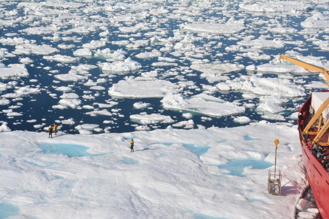 A drone image of the Amundsen with scientists deployed onto the sea ice. Credit: David G. Barber.