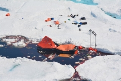 Fishing gear from a sunken fishing vessel floating above where the vessel sank, and the vessel’s crew deployed to an ice floe where they were rescued by the Amundsen.  Credit: David G. Barber.
