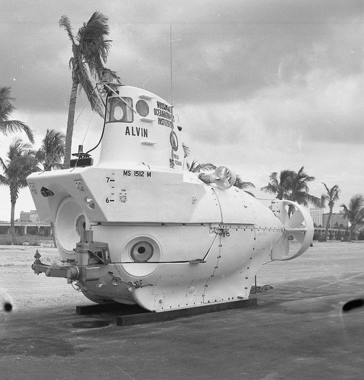 Here is Alvin in the 1970s on the dock in Florida. Alvin has been in operation for over 50 years and over that time has gone through many overhauls and upgrades. The most recent upgrade included a new personnel sphere with the addition of two new viewports, bringing the total to five, and a depth rating of 6,500 meters (21,000 feet).  Credit: Woods Hole Oceanographic Institution.